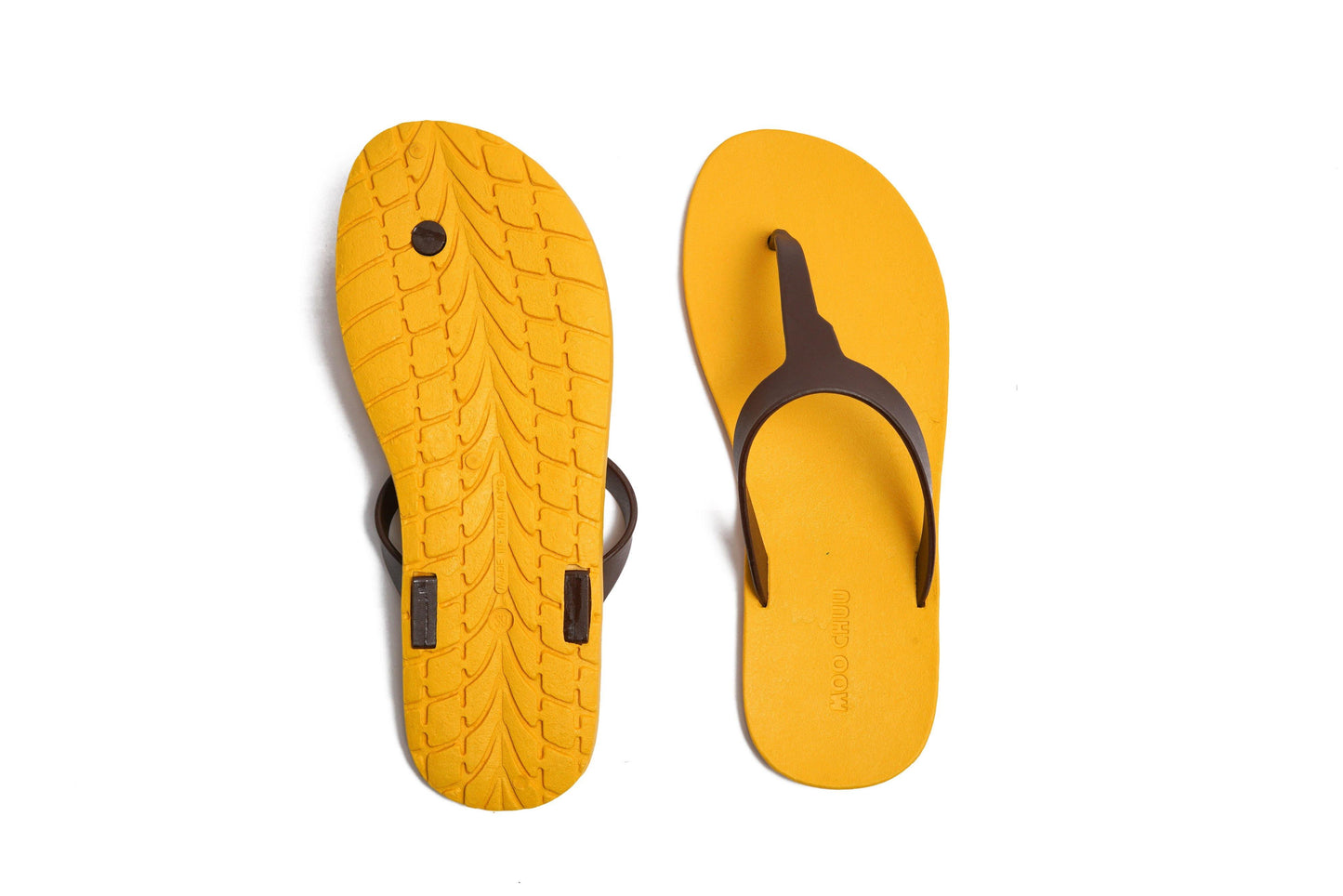 THONGS SEMELLE JAUNE ET LANIÈRE MARRON